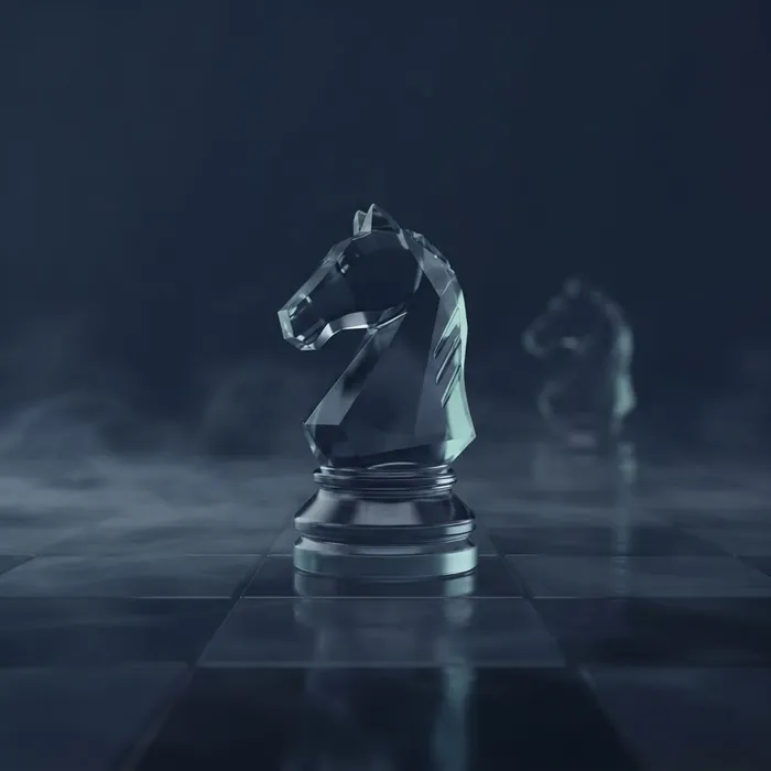 A chess knight sculpted from crystal glass on a misted board