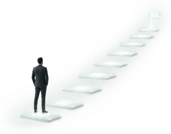 A figure ascending a glowing staircase, step by step