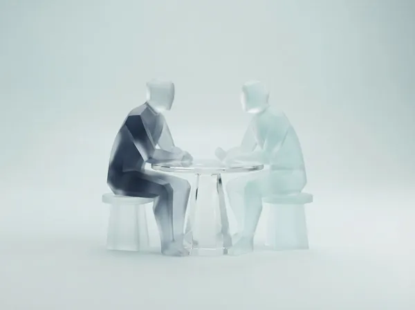 Two frosted-glass figures in conversation at a crystal table