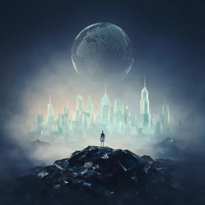 A figure on an obsidian glass summit overlooking a city of pale glass beneath a dotted glass globe