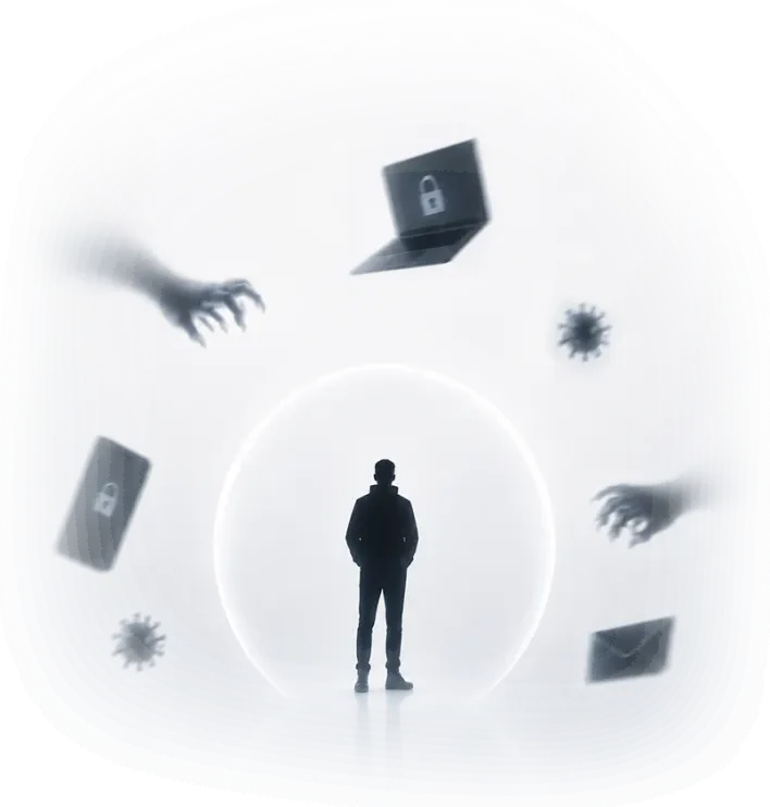 A lone figure standing inside a protective sphere while phishing mail, malware and locked devices swarm around it